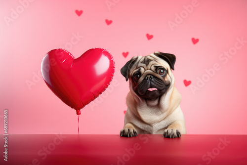 Funny loving dog with a heart-shaped balloon on pink background. AI generative.