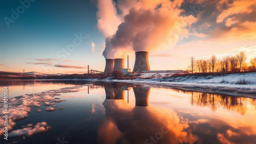 Nuclear power plant against sky by the river at sunset ,generative ai