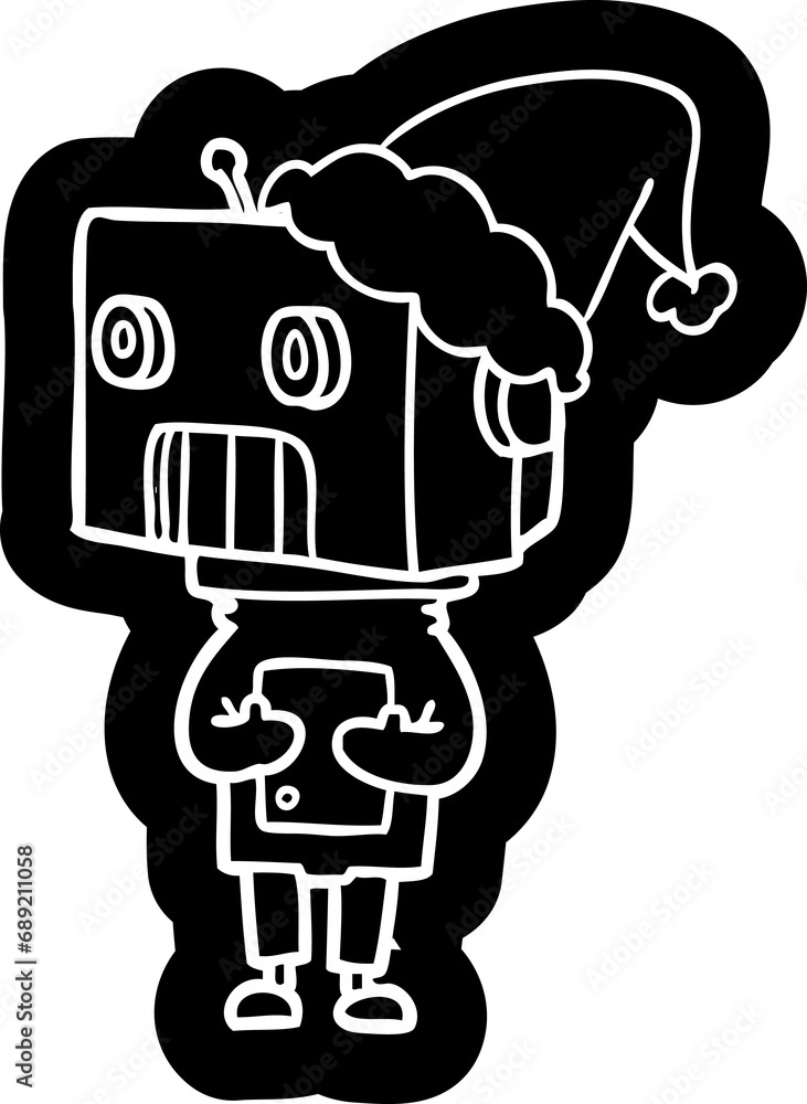 quirky cartoon icon of a robot wearing santa hat