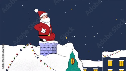 2D animated cartoon santa claus lands on roof, throws in bag into the chimney, jumps into the chimney and gets stuck.