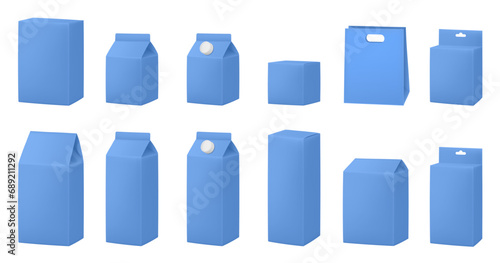 Blue boxes for dairy products. Blank cardboard package boxes mockup. Box set. Set of juice or milk cardboard package. Vector mockup set. Realistic carton package with cap. Hanging hole. Shopping bag photo