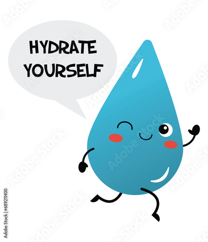 Cute little water drop character, with winking eye, reminder to hydrate and drink water, isolated vector illustration in flat design