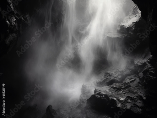 A black and white photo of smoke coming out of a cave, creating a mist