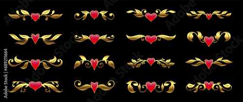 Gold ornate pattern with heart shape pink gem. Valentine day card luxury design element, book text block separator, web site page divider. Jewelry red ruby gemstone elegant brooch pin or hairpin