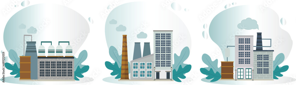 Factory decorative illustrations set. Industrial buildings with chimneys the buildings are made of metal and have a lot of windows.