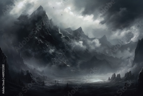 a illustration of a mountain in a cloudy sky photo
