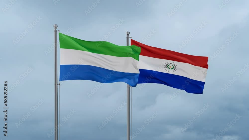 Paraguay flag and Sierra Leone flag waving together on cloudy sky, endless seamless loop, two country relations concept Paraguay flag and Sierra Leone flag waving together on cloudy sky, endless seamless loop, two country relations concept
