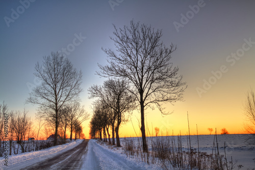 landscape winter trees and fields covered by snow in Poland, Europe on sunny day in winter, amazing clouds in blue sky 