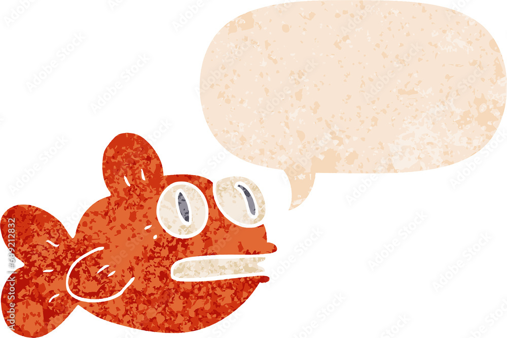 cartoon fish with speech bubble in grunge distressed retro textured style cartoon fish with speech bubble in grunge distressed retro textured style