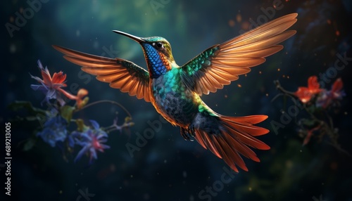 Foto hummingbird flying with flowers background