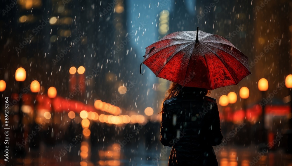 closeup shot of a woman in rain holding a red umbrella