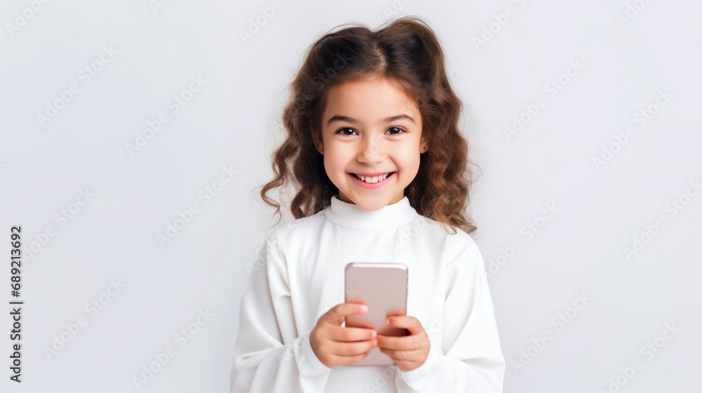 Girl holding phone in hands portrait on isolated background - ai generative Girl holding phone in hands portrait on isolated background - ai generative
