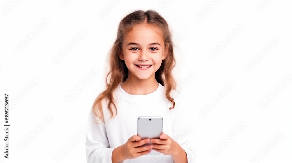 Girl holding phone in hands portrait on isolated background - ai generative Girl holding phone in hands portrait on isolated background - ai generative