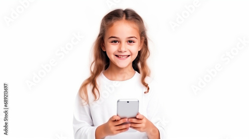 Girl holding phone in hands portrait on isolated background - ai generative