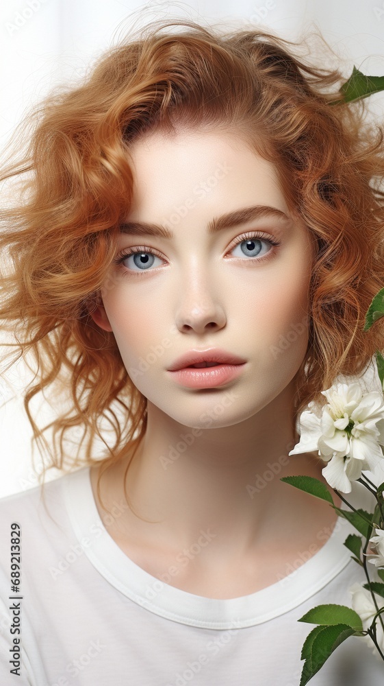 A young Caucasian model, wearing subtle makeup, is seen posing with a flower branch against a white background.