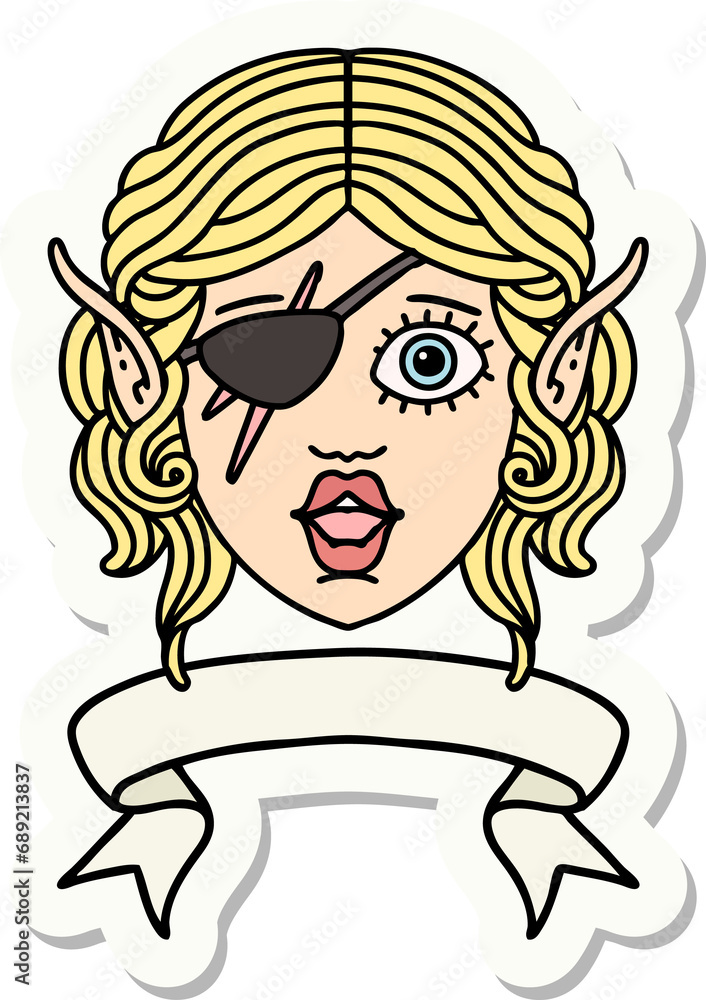 sticker of a elf rogue character face with banner sticker of a elf rogue character face with banner