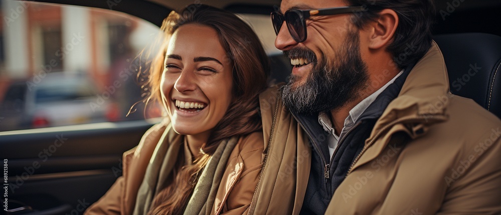 Driving with a male passenger, an Arab woman laughs. Driving with a male passenger, an Arab woman laughs.