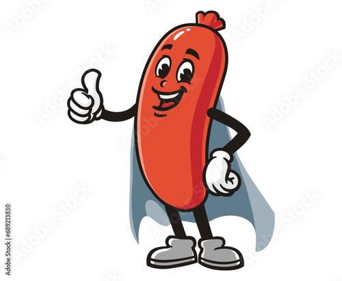 superhero sausage with thumbs up cartoon mascot illustration character vector clip art