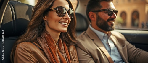 Driving with a male passenger, an Arab woman laughs. © tongpatong