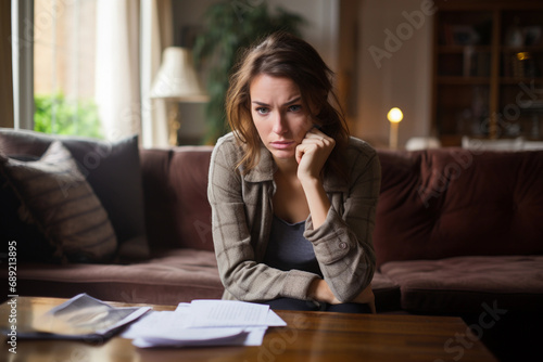 young woman sitting at home with papers looking worried