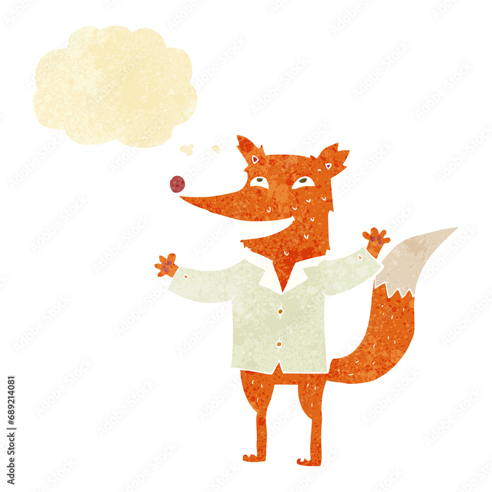 cartoon happy fox wearing shirt with thought bubble