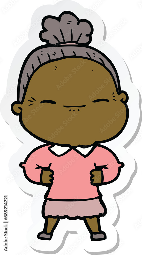 sticker of a cartoon peaceful old woman sticker of a cartoon peaceful old woman