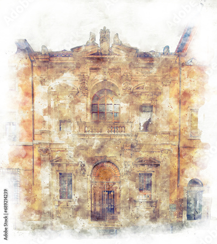Digital illustration in watercolor style of the historic building of the Governor's Treasury in Rome next to the Capitoline Square, Italy