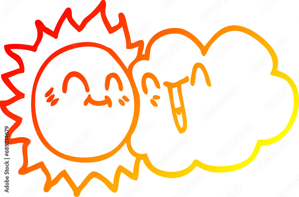 warm gradient line drawing of a cartoon happy sunshine and cloud