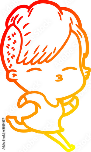warm gradient line drawing of a cartoon squinting girl running