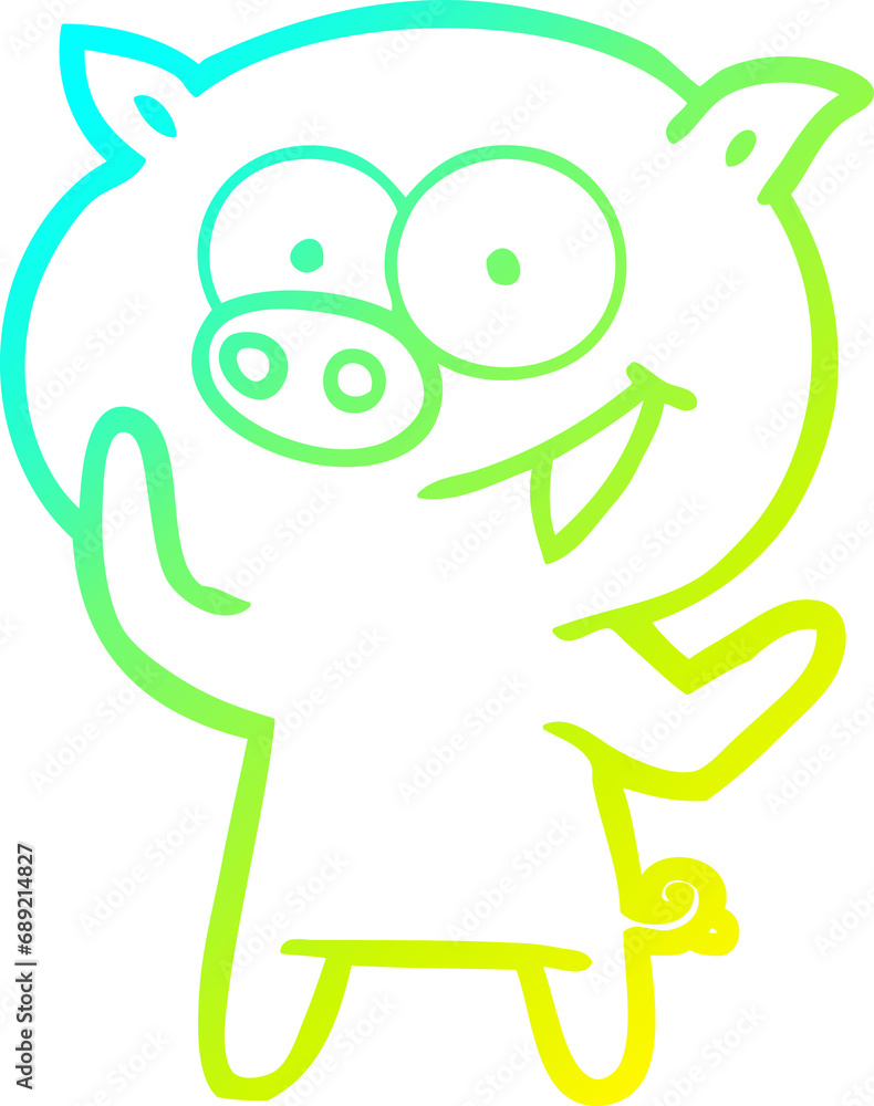 cold gradient line drawing of a cheerful pig cartoon