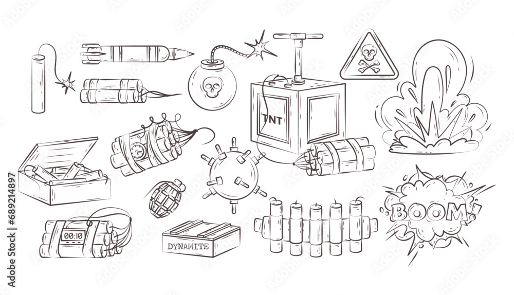 Dynamite and bomb set. Vector hand drawn icon set of explosive lethal weapon, TNT, dynamite pack and sticks, mine, hand grenade, missile, nuclear bomb. Military weapon, army, war in doodle style