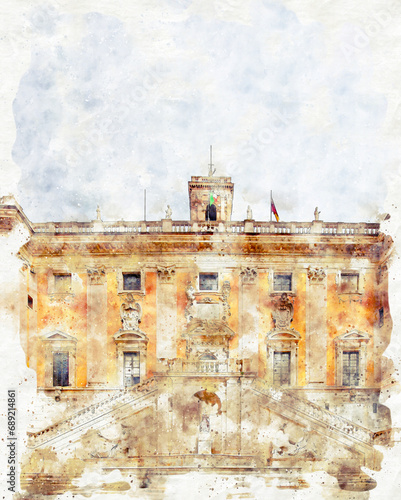 Digital illustration in watercolor style of the historic building of the Palace of Senators and Fountain of the Goddess Roma in Rome next to the Capitoline Square, Italy