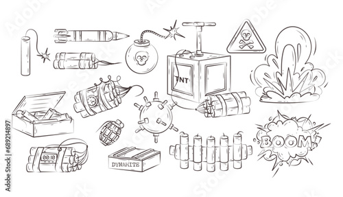 Dynamite and bomb set. Vector hand drawn icon set of explosive lethal weapon, TNT, dynamite pack and sticks, mine, hand grenade, missile, nuclear bomb. Military weapon, army, war in doodle style photo