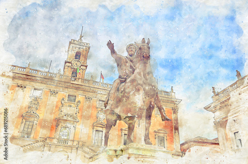 Digital illustration in watercolor style of the Equestrian statue of Marcus Aurelius in Rome on the Capitoline Square, Italy