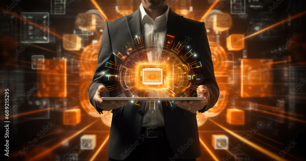 Technology man virtual businessman screen background concept innovation connect hand male future man digital business