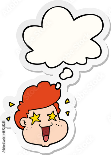 cartoon boy s face with thought bubble as a printed sticker