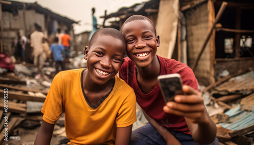 two african boys in the slums taking a selfie.laughing generative ai