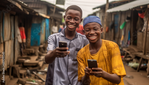 two african boys in the slums taking a selfie.laughing generative ai