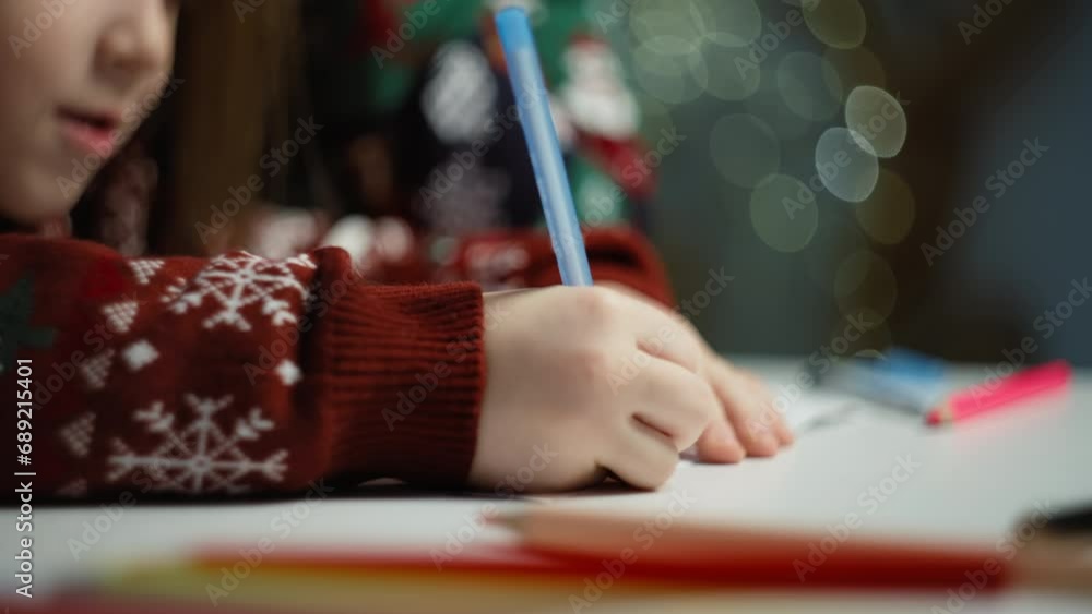 A close-up of a child's hand writing with a pen on a piece of Santa's letter. Celebrating Christmas, gifts for the holiday, fairy tale atmosphere. High quality 4k footage A close-up of a child's hand writing with a pen on a piece of Santa's letter. Celebrating Christmas, gifts for the holiday, fairy tale atmosphere. High quality 4k footage