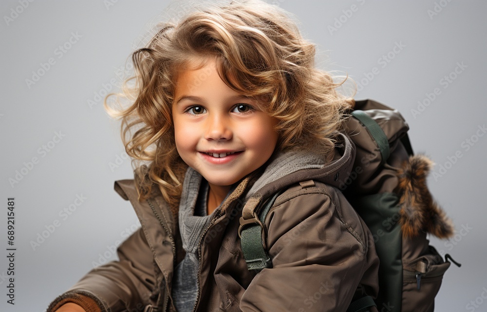 Posing against the white background is a content child wearing a rucksack.. Posing against the white background is a content child wearing a rucksack..