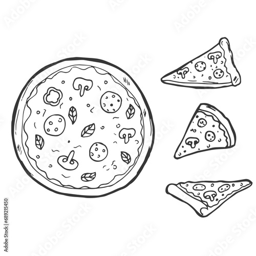 Outline pizza slices, whole pizza. Vector simple Doodle style sketch
