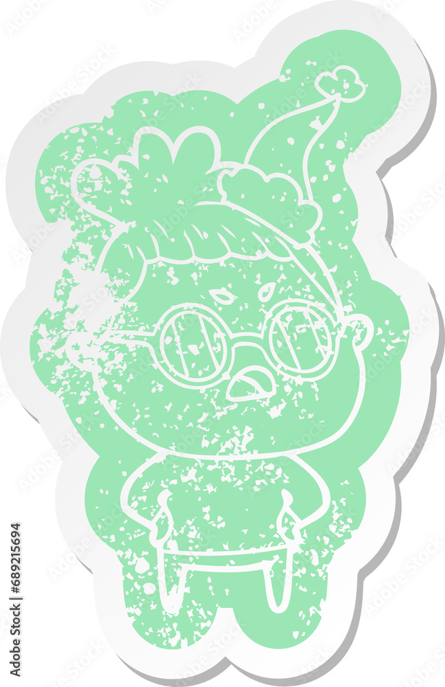 quirky cartoon distressed sticker of a annoyed woman wearing santa hat quirky cartoon distressed sticker of a annoyed woman wearing santa hat