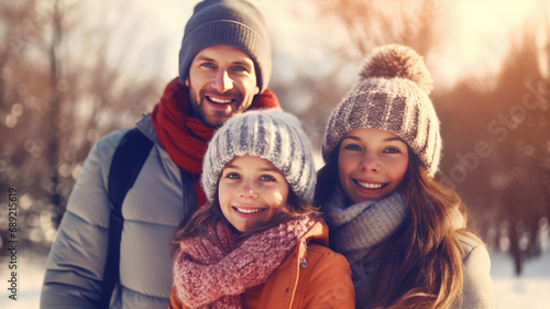 Joyful winter family moments: parents and daughters share smiles outdoors,generative ai