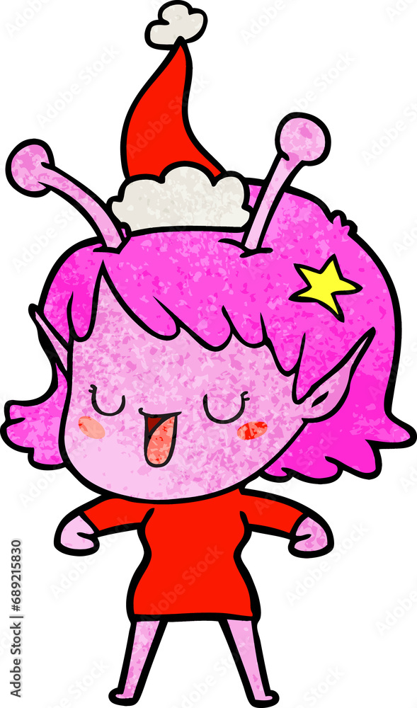 happy alien girl hand drawn textured cartoon of a wearing santa hat happy alien girl hand drawn textured cartoon of a wearing santa hat