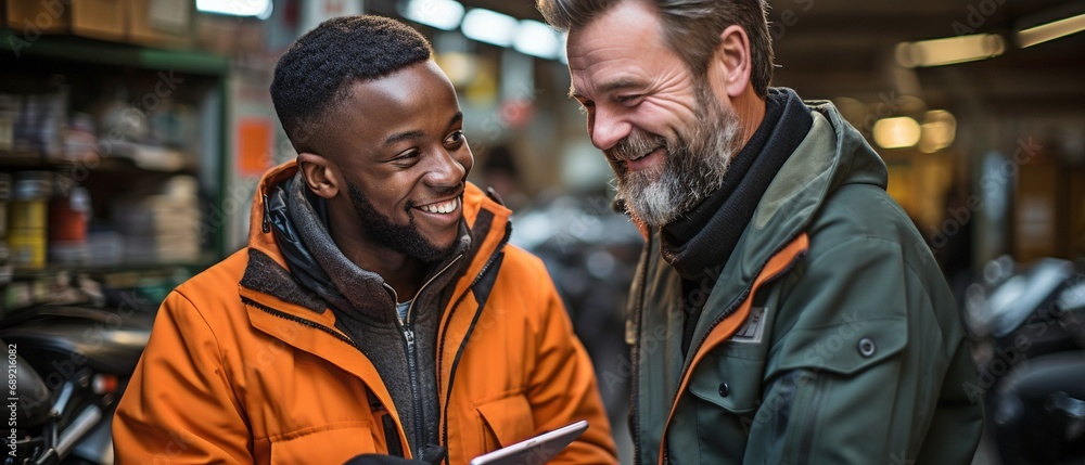 In the garage, a mechanic conversing with a customer. In the garage, a mechanic conversing with a customer.