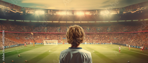 a young 11 years old boy playing soccer in a famous stadium with full audience generative ai