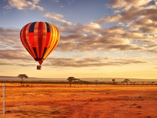 Savannah Balloon Tourism, Africa Landscape Air Balloons in Sky, White Landscape and Ballooning © artemstepanov