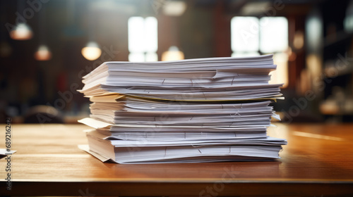 Stack of business documents on a wooden desk
