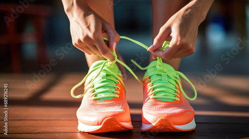 Person is tying laces of running sneakers on a paved street, preparing for physical activity or a workout.