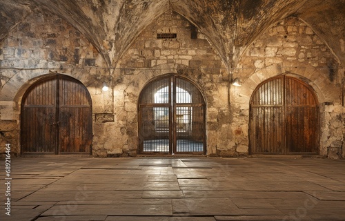 snapshot of the antique gate's opened doors with bars up.